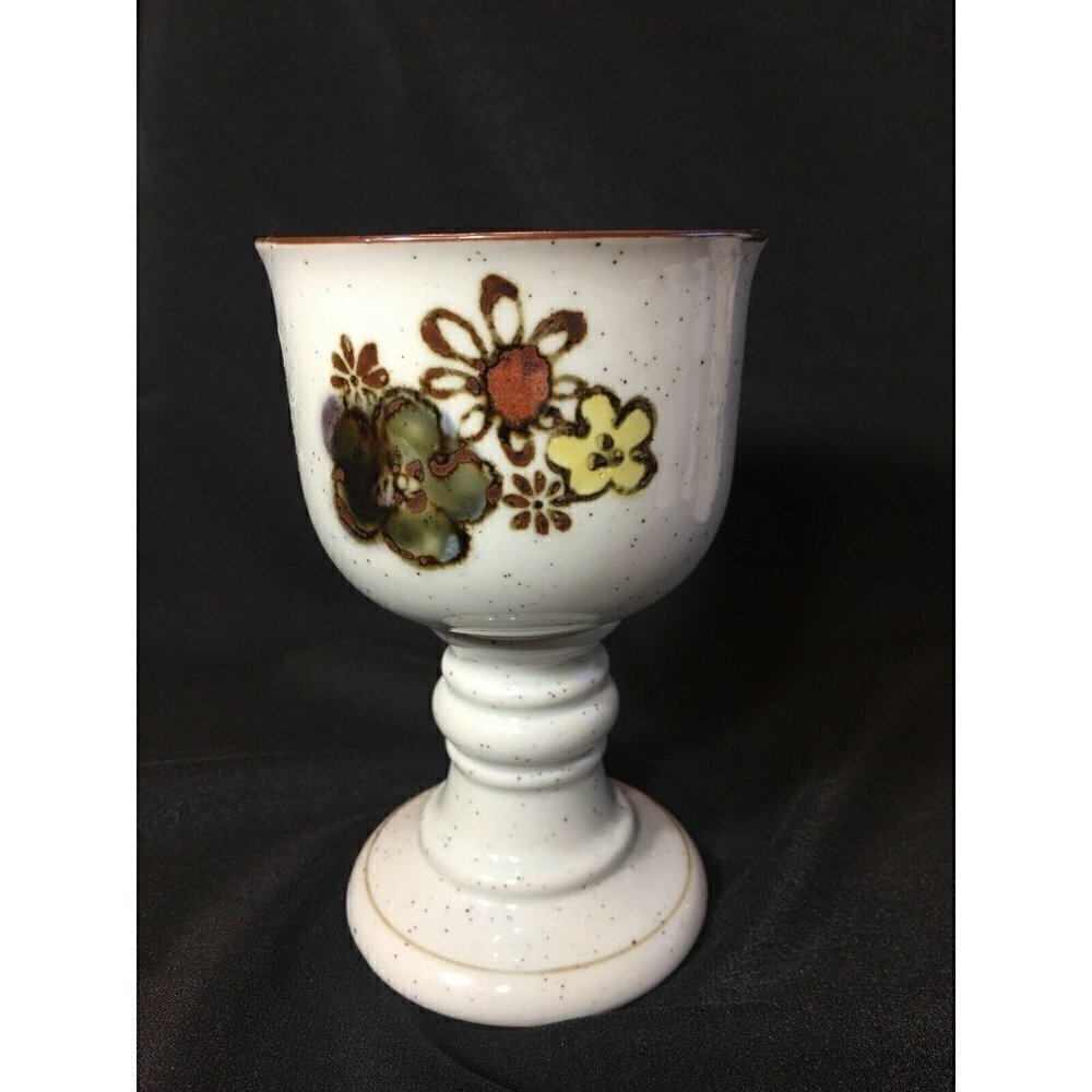 Otagiri 1970s Goblets & Carafe Set Wine Chalice Stoneware Pansy Floral Footed - Picture 5 of 12